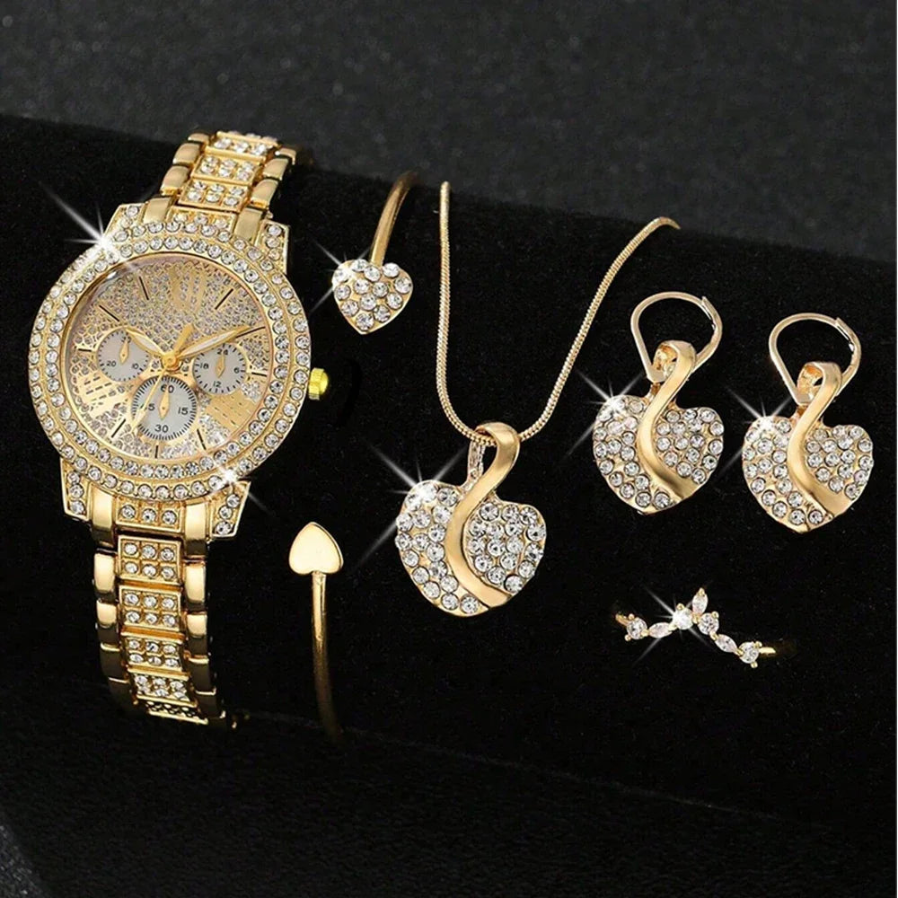 Women's Gold Quartz Watch Jewelry Gift Set-1