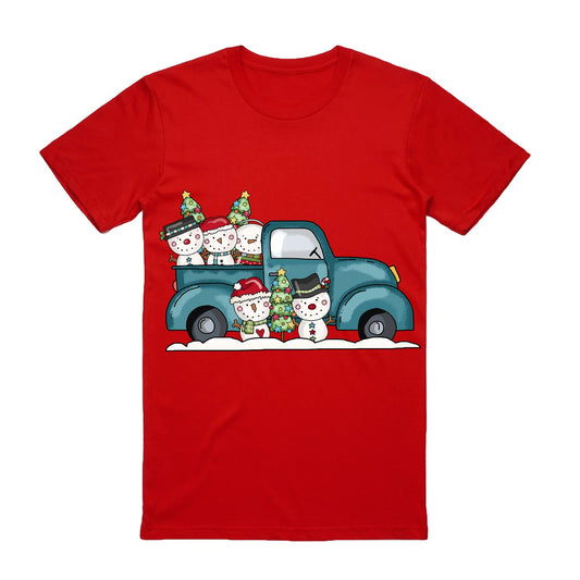 NNEDSZ 100% Cotton Christmas T-shirt Adult Unisex Tee Tops Funny Santa Party Custume, Car with Snowman (Red), XL-0