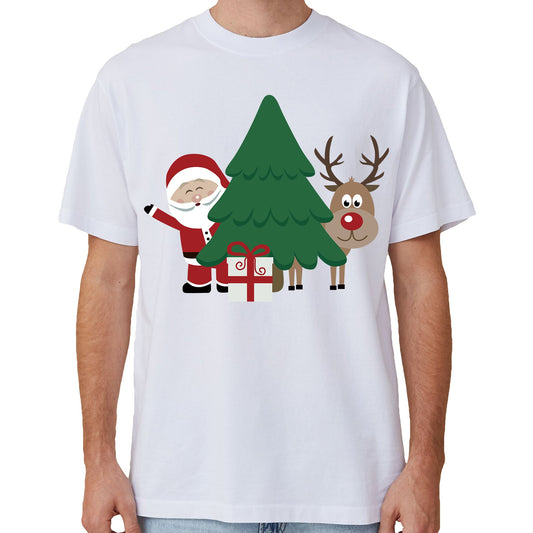 NNEDSZ 100% Cotton Christmas T-shirt Adult Unisex Tee Tops Funny Santa Party Custume, Santa with Tree (White), M-0