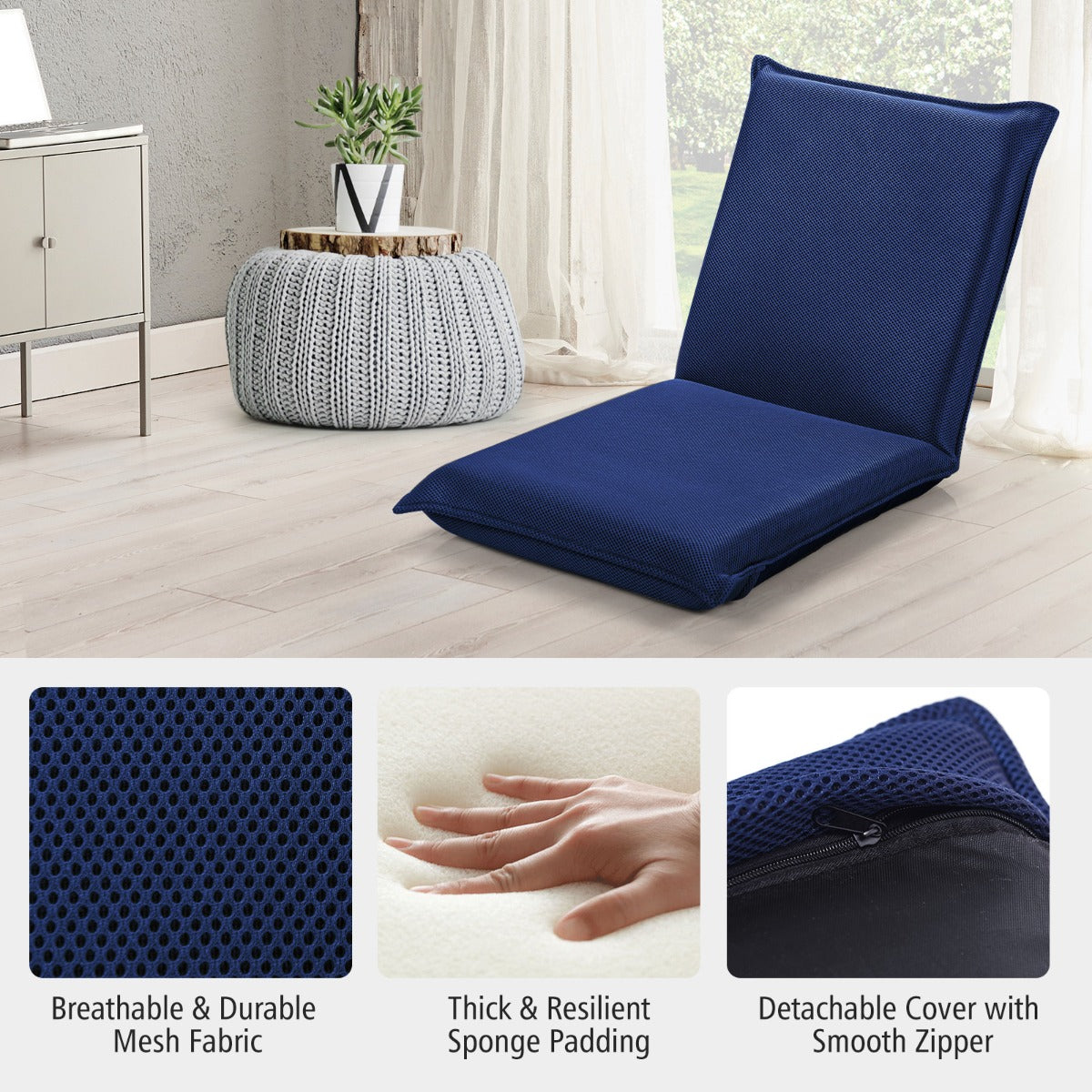 NNECW Foldable Floor Chair with Robust Armchair for Watching TV-Navy-2